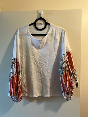 Zara White Long Sleeve Top with Patterned Orange & Green Sleeves 100% cotton